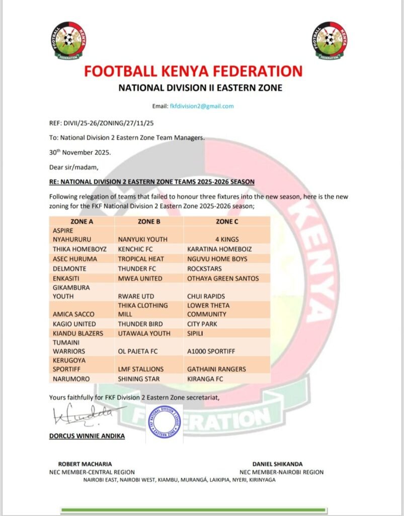 FKF Letter confirming LFM Stallions promotion to Division 2 Zone B.